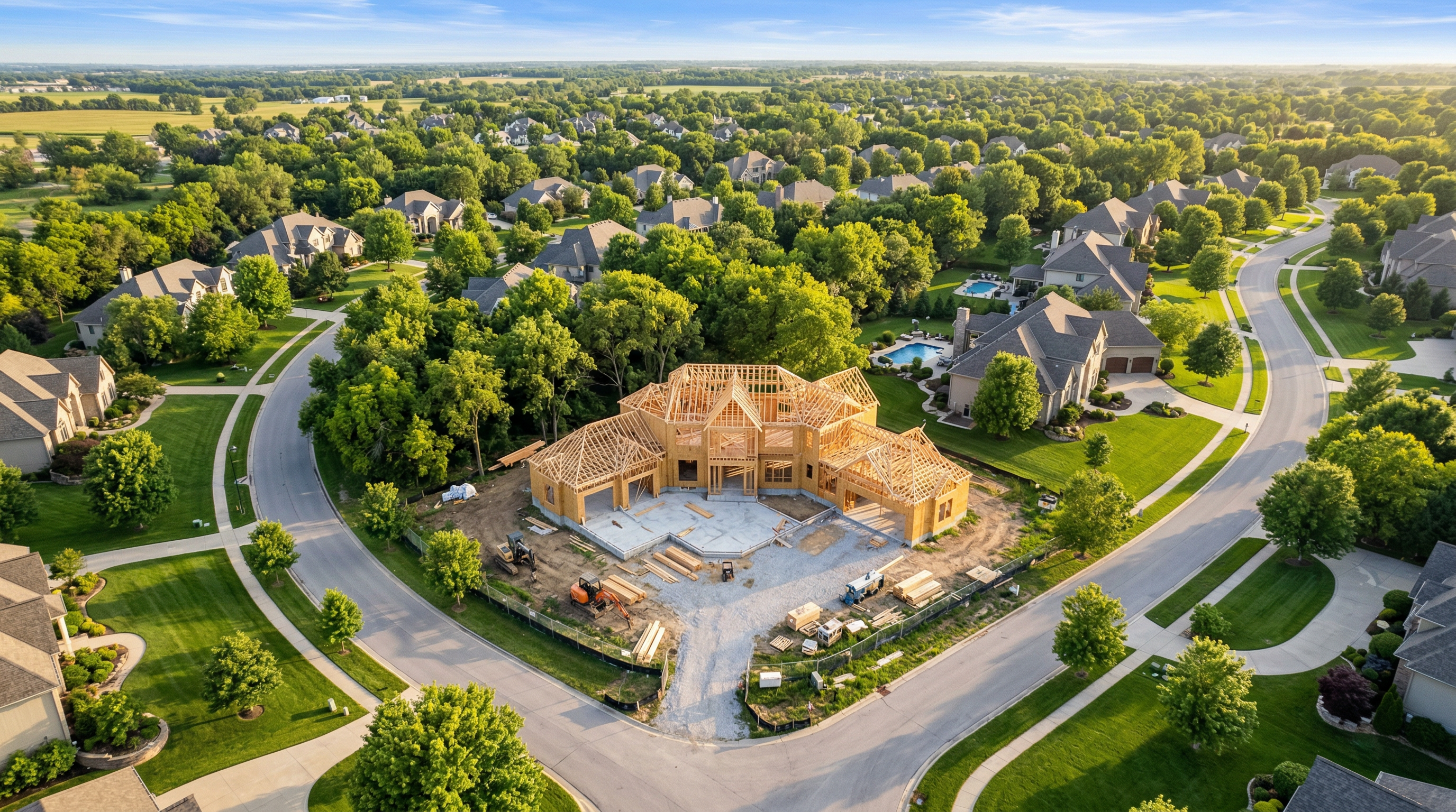 Aerial view of a luxury custom home under construction in a suburban Kansas neighborhood